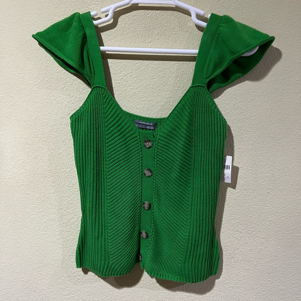 Anthropologie Curio Knit Sweater Top Green Sz M Flutter Sleeves NWT e1